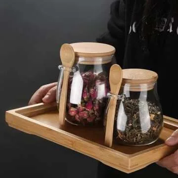 DNIENKGE Airtight glass jar storage container with bamboo lid Set of 2, wide mouth, leak-proof, With a spoon, can be used for coffee beans, tea leaves, grains, dried fruits, etc (Middle)