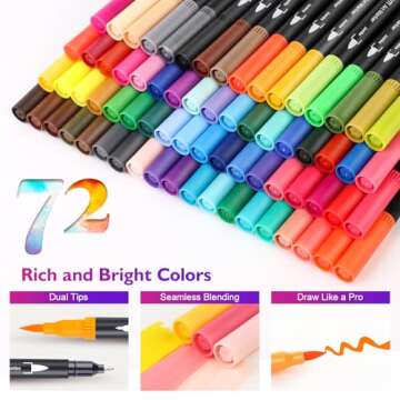 iBayam Art Markers Set, 72 Colors Dual Tip Brush Pens for Adult Coloring Book, Note-Taking, Calligraphy, Journaling, Sketching & Lettering, with Gift Case for Kids Adult Teens School Art Supplies