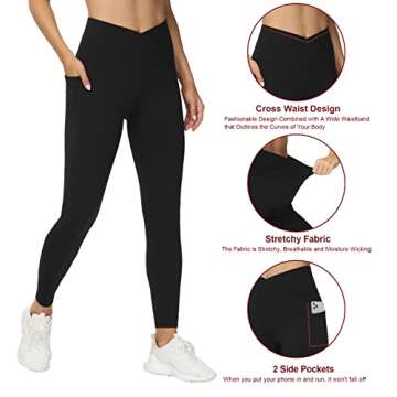 THE GYM PEOPLE Women's V Cross Waist Workout Leggings Tummy Control Running Yoga Pants with Pockets(Black, Small)