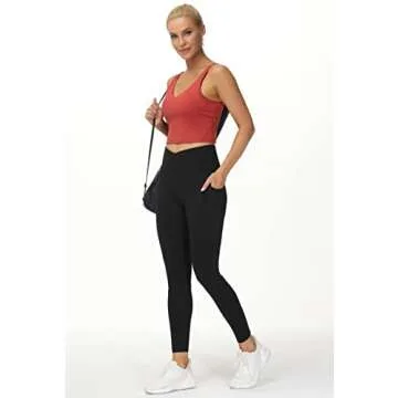 THE GYM PEOPLE Women's V Cross Waist Workout Leggings Tummy Control Running Yoga Pants with Pockets(Black, Small)