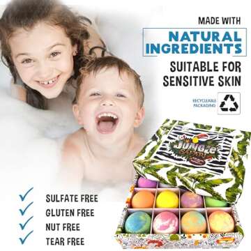 Bath Bombs for Kids with Surprise Inside, 12 Organic Bubble Bath Fizzies with Jungle Animal Toys. Moisturizing, Gentle & Kids Safe, Rainbow Spa Bath Fizz, Valentines Day Gifts for Kids, Boys, Girls