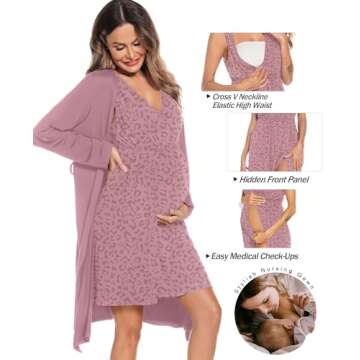 SWOMOG Women Maternity Nursing Gown and Robe Set Printing Labor Delivery Nursing Nightgown for Breastfeeding Hospital Robes