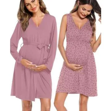 SWOMOG Women Maternity Nursing Gown and Robe Set Printing Labor Delivery Nursing Nightgown for Breastfeeding Hospital Robes