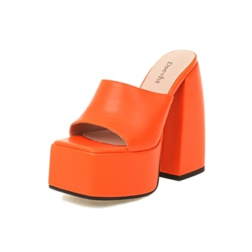 Dsevht Orange Heels for Women Orange Platform Sandals Women Chunky Heel Slip on Square Toe High Heel...