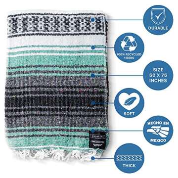 Benevolence LA Authentic Handwoven Mexican Blanket | Yoga Blankets, Outdoor, Picnic, Beach, Camping | Equestrian Saddle | Serape 50x70 inches - Mint, Pack of 1