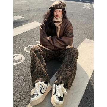 Unisex Y2k Baggy Jeans Leopard Print Jeans for Women Men Aesthetic Pants Vintage Oversize Denim Pants Cargo Pants (X-Large,Brown)