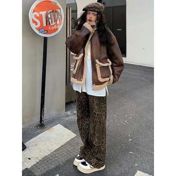 Unisex Y2k Baggy Jeans Leopard Print Jeans for Women Men Aesthetic Pants Vintage Oversize Denim Pants Cargo Pants (X-Large,Brown)