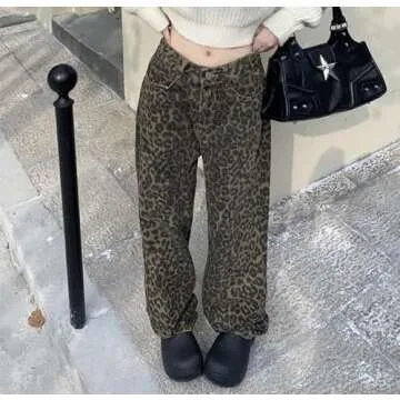Unisex Y2k Baggy Jeans Leopard Print Jeans for Women Men Aesthetic Pants Vintage Oversize Denim Pants Cargo Pants (X-Large,Brown)