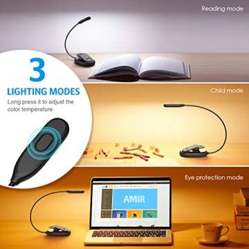 AMIR Upgraded Mini Book Light, 5 LED Clip on Reading Light, 3 Colors x 3 Levels Brightness Eye-Care ...