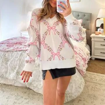 Women Bow Print Pullover Sweaters Crewneck Loose Fit Casual Knit Tops Aesthetic Print Going Out Streetwear(Pink,S)