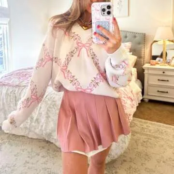Women Bow Print Pullover Sweaters Crewneck Loose Fit Casual Knit Tops Aesthetic Print Going Out Streetwear(Pink,S)