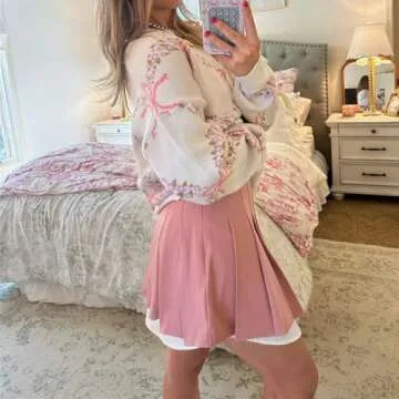 Women Bow Print Pullover Sweaters Crewneck Loose Fit Casual Knit Tops Aesthetic Print Going Out Streetwear(Pink,S)