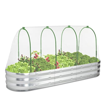 POTEY Raised Garden Bed with Greenhouse Galvanized Planter Box with 2 Greenhouse Cover for Outdoor G...