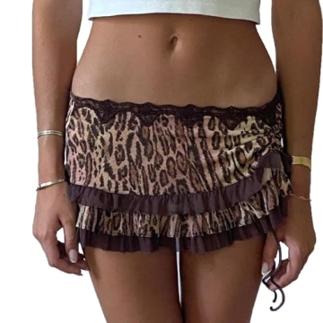 Women Mini Short Skirt Sexy Low Waisted Leopard Print Ruffle Lace Edge Fashion Short Skirt Vintage S...