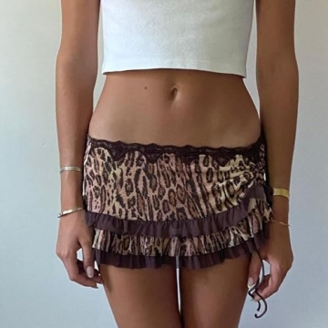Trendy Leopard Print Mini Skirt with Lace Edge for Women