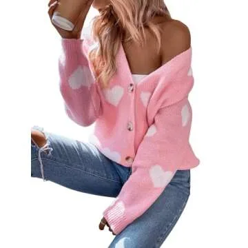Verdusa Women's Long Sleeve Button Front V Neck Knit Sweater Cardigan Heart Pink M