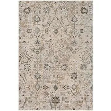 Hauteloom Claydon Boho Vintage Traditional Oushak Area Rug - Farmhouse Oriental Floral Damask Carpet for Living Room, Bedroom, Dining Room - Taupe, Beige, Olive; Blue 7'10" x 10'3"