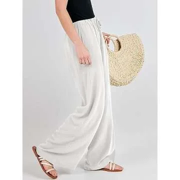 ANRABESS Womens Linen Palazzo Pants Summer Flowy Wide Leg Drawstring Casual Trousers with Pockets Beach Vacation Outfits Medium White