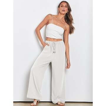 ANRABESS Womens Linen Palazzo Pants Summer Flowy Wide Leg Drawstring Casual Trousers with Pockets Beach Vacation Outfits Medium White