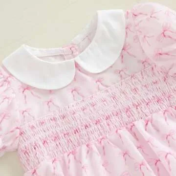 Filgriox Newborn Baby Girl Romper Bow Embroidery Peter Pan Collar Short Sleeve Bubble Bodysuit Summer Clothes (Light Pink, 0-3 Months)