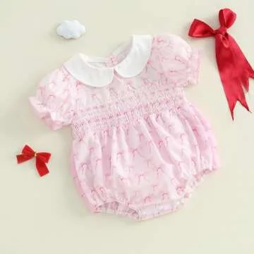 Filgriox Newborn Baby Girl Romper Bow Embroidery Peter Pan Collar Short Sleeve Bubble Bodysuit Summer Clothes (Light Pink, 0-3 Months)