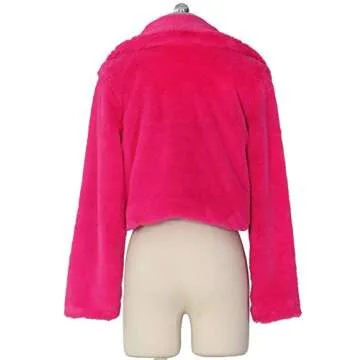 Nihsatin Womens Hot Pink Faux Fur Cropped Coat Long Sleeve Lapel Shaggy Jacket Fur Outwear Coat Warm Winter