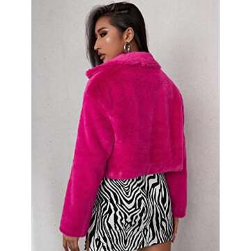 Nihsatin Womens Hot Pink Faux Fur Cropped Coat Long Sleeve Lapel Shaggy Jacket Fur Outwear Coat Warm Winter