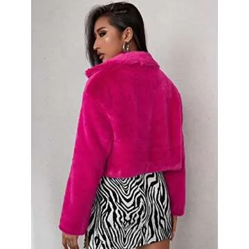 Nihsatin Womens Hot Pink Faux Fur Cropped Coat Long Sleeve Lapel Shaggy Jacket Fur Outwear Coat Warm Winter
