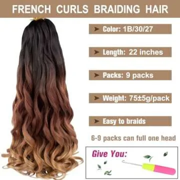 COOKOO 9 Packs 22 Inch French Curls Crochet Hair Pre-Stretched Loose Wave Braiding Hair Ombre 3 Tone...
