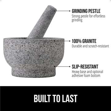 GORILLA GRIP Heavy Duty 100% Granite Mortar and Pestle Set, 4 Cup, Slip Resistant Foam Base, Grind S...