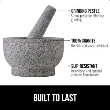 GORILLA GRIP Heavy Duty 100% Granite Mortar and Pestle Set, 4 Cup, Slip Resistant Foam Base, Grind S...