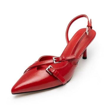 Chic Red Kitten Heels for Women - Pointed Toe Slingback Pumps with Buckles