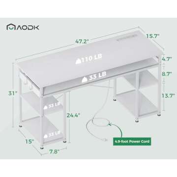 AODK 48 Inch Small Computer Desk with Power Outlets, Writing Desk with Storage Shelves Headphone Hook, Student Laptop PC Desks for Small Spaces Home Office, Kids Desk, White