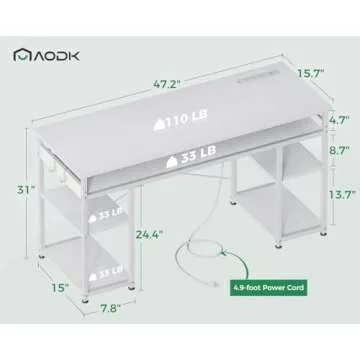 AODK Small Computer Desk with Power Outlets and Shelves