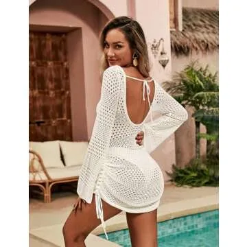 Blooming Jelly Womens Crochet Swimsuit Cover Up Sexy Swim Cover Ups Drawstring Beach Coverup 2024 (Small, White)