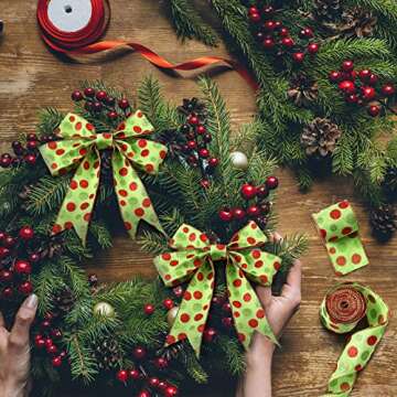 Tatuo 2 Rolls Christmas Glitter Wired Ribbon Christmas Tree Burlap Ribbon Green Red Polka Dot Ribbon Sparkly Xmas Tree Decoration DIY Bows Wreath(2.5 Inch x 216 Inch Per Roll,Green Base)