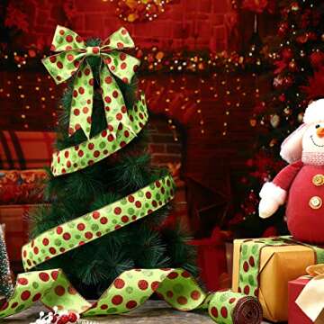 Tatuo 2 Rolls Christmas Glitter Wired Ribbon Christmas Tree Burlap Ribbon Green Red Polka Dot Ribbon Sparkly Xmas Tree Decoration DIY Bows Wreath(2.5 Inch x 216 Inch Per Roll,Green Base)