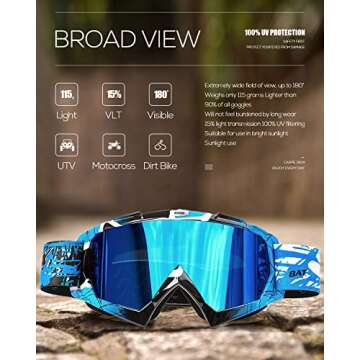 BATFOX Dirt Bike ATV Goggles Motorcycle Gear Riding Motocross Dirtbike 4-Wheeler MX DH Accessories Goggles Glasses for Men Women Youth UV400 Protection Dust-proof Anti-Slip Strap