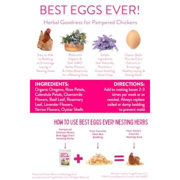 Pampered Chicken Mama Best Eggs Ever! Nesting Herbs for Chickens (10 Ounces) Calcium Supplement for Chickens | Chicken Feed Supplies, Hen Treats for Coops