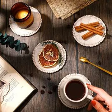 4 Pieces Wood Beaded Coasters 3.9 Inch Round Rustic Farmhouse Coasters Wooden Coasters for Drinks Decorative Table Top Coasters Wood Bar Coaster Set for Housewarming Home Kitchen (Beige)