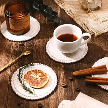 4 Pieces Wood Beaded Coasters 3.9 Inch Round Rustic Farmhouse Coasters Wooden Coasters for Drinks Decorative Table Top Coasters Wood Bar Coaster Set for Housewarming Home Kitchen (Beige)