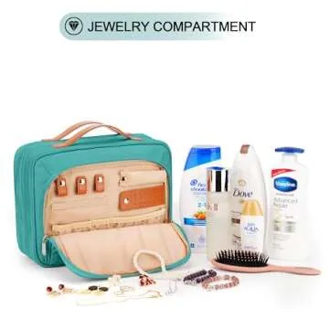 COOSKY Travel Hanging Toiletry Bag for Women, with Jewelry Organizer Compartment, Medium Waterproof Hanging Makeup Accessories, Cosmetic Essentials, Toiletries Dopp Kit Set with Trolley Belt, Blue