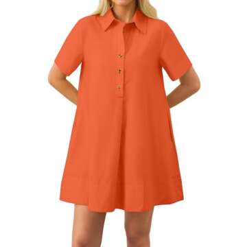Dsewpaur Short Sleeve Swing Tunic Mini Dress for Women Button Up Shirt Blouse Short Dress Summer Casual Flowy A Line Dress Orange
