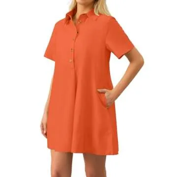 Dsewpaur Short Sleeve Swing Tunic Mini Dress for Women Button Up Shirt Blouse Short Dress Summer Casual Flowy A Line Dress Orange