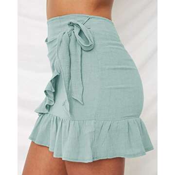 Jeanewpole1 Women's Floral Mini Skirts Wrap Pleated Ruffle Hem Cute Beach A Line Short Skirts