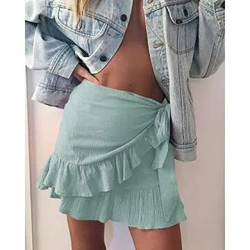 Jeanewpole1 Women's Floral Mini Skirts Wrap Pleated Ruffle Hem Cute Beach A Line Short Skirts