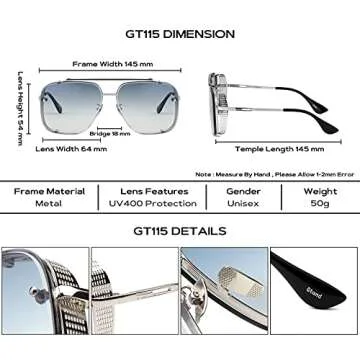 Gtand Fashion Oversized Square Aviator Gradient Sunglasses For Men Vintage Metal Side Shield Steampunk Sun Glasses 64mm