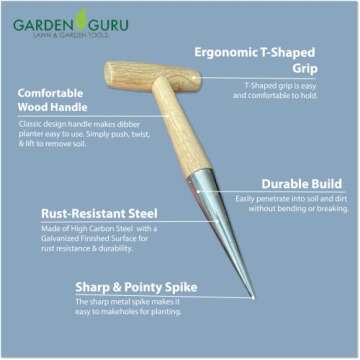Garden Guru Steel Dibber Planter Tool for Planting Seeds & Bulbs - High Carbon Steel & Comfortable W...