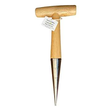 Garden Guru Steel Dibber Planter Tool for Planting Seeds & Bulbs - High Carbon Steel & Comfortable Wood Carved Handle - for Consistent Planting Flowers Tulips, Daffodils, Dahlias