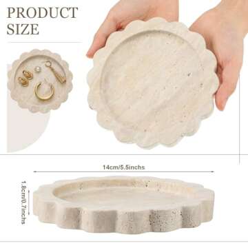 Threehoney 5.5 Inch Small Travertine Round Scallop Edge Tray Decorative Marble Jewelry Tray Stone Di...